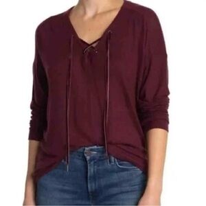 Rails Leigh Port Maroon Velvet Lace Up Long Sleeve Top Relaxed sweater